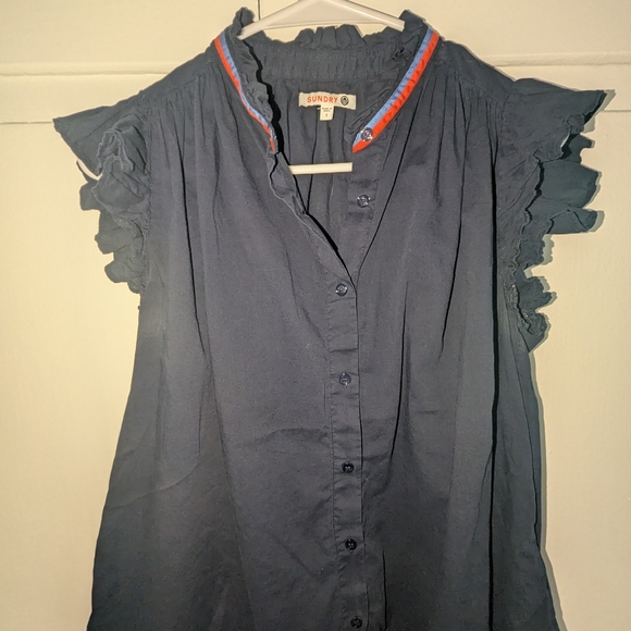 Sundry Navy Ruffle Blouse with Colorful Trim - Picture 2 of 4